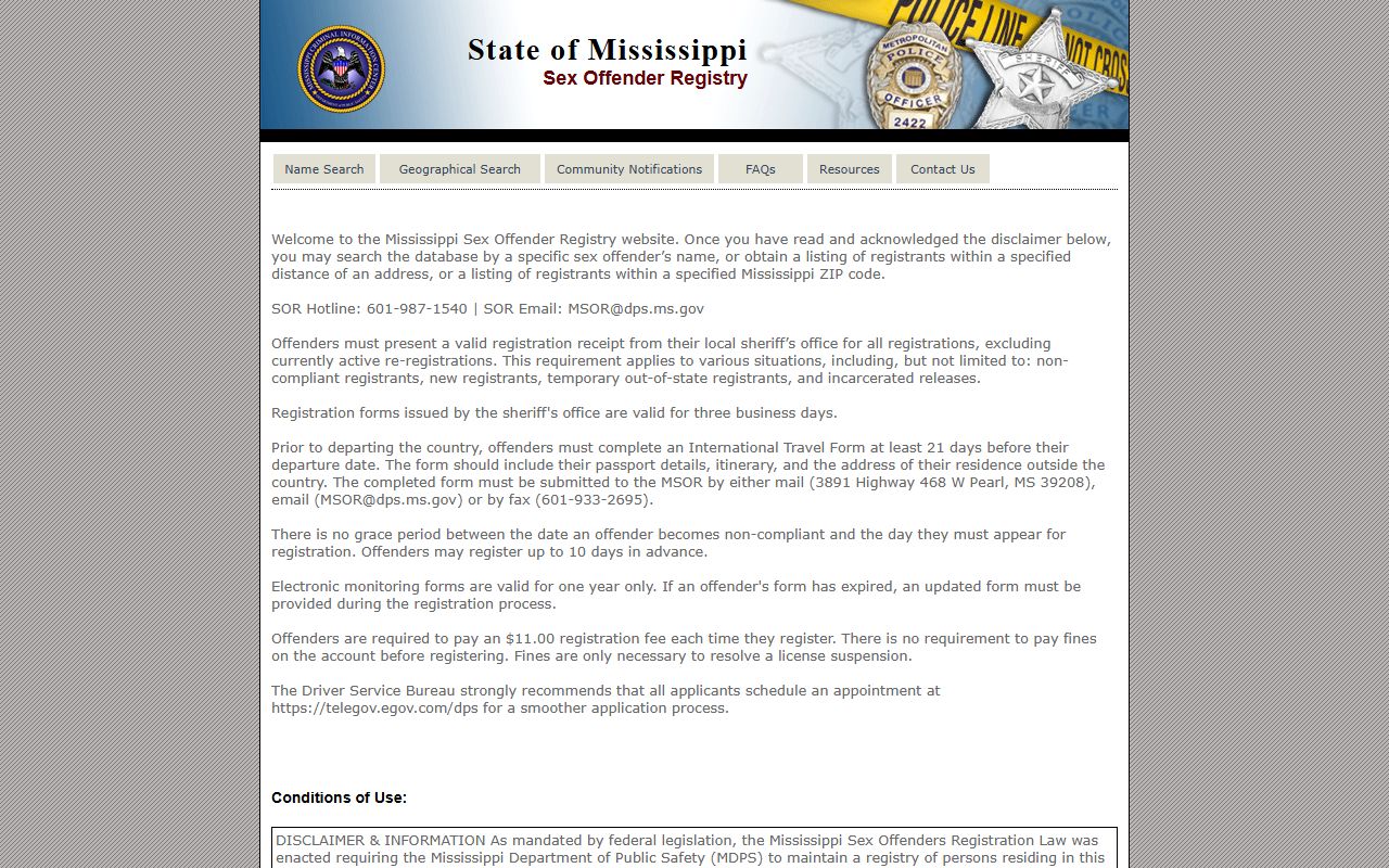 Smith County court charges and the Mississippi sex offender registry search page