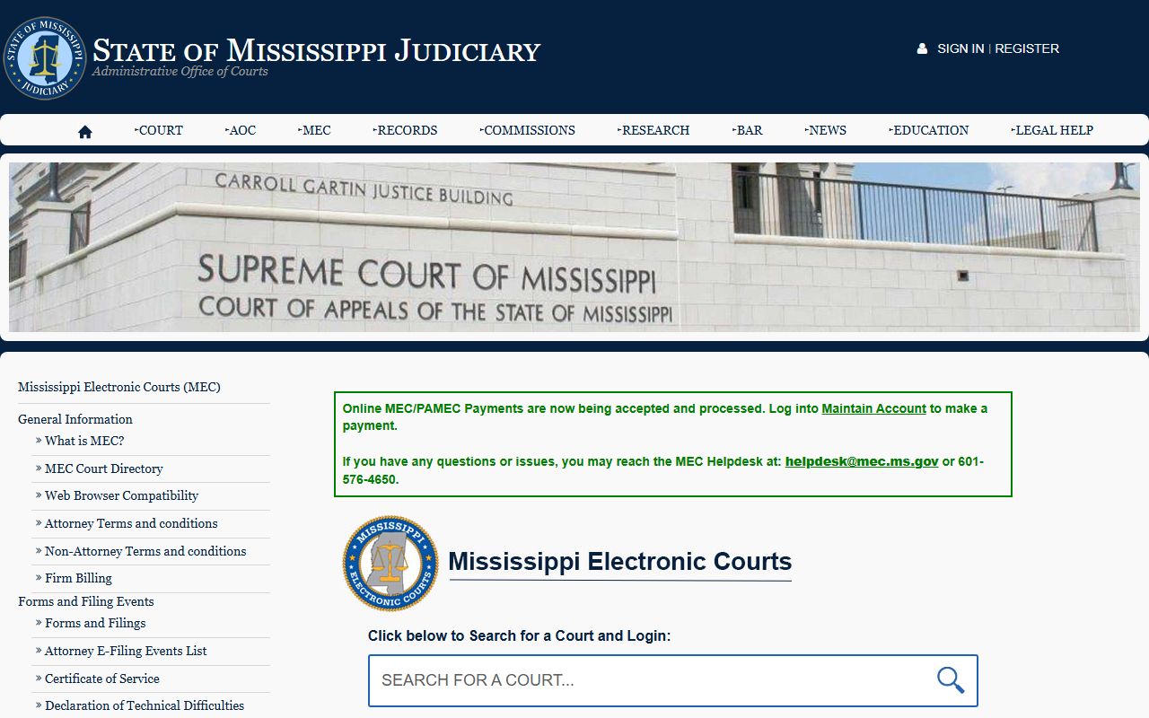 Smith County court records MEC landing page on the Mississippi Judiciary site
