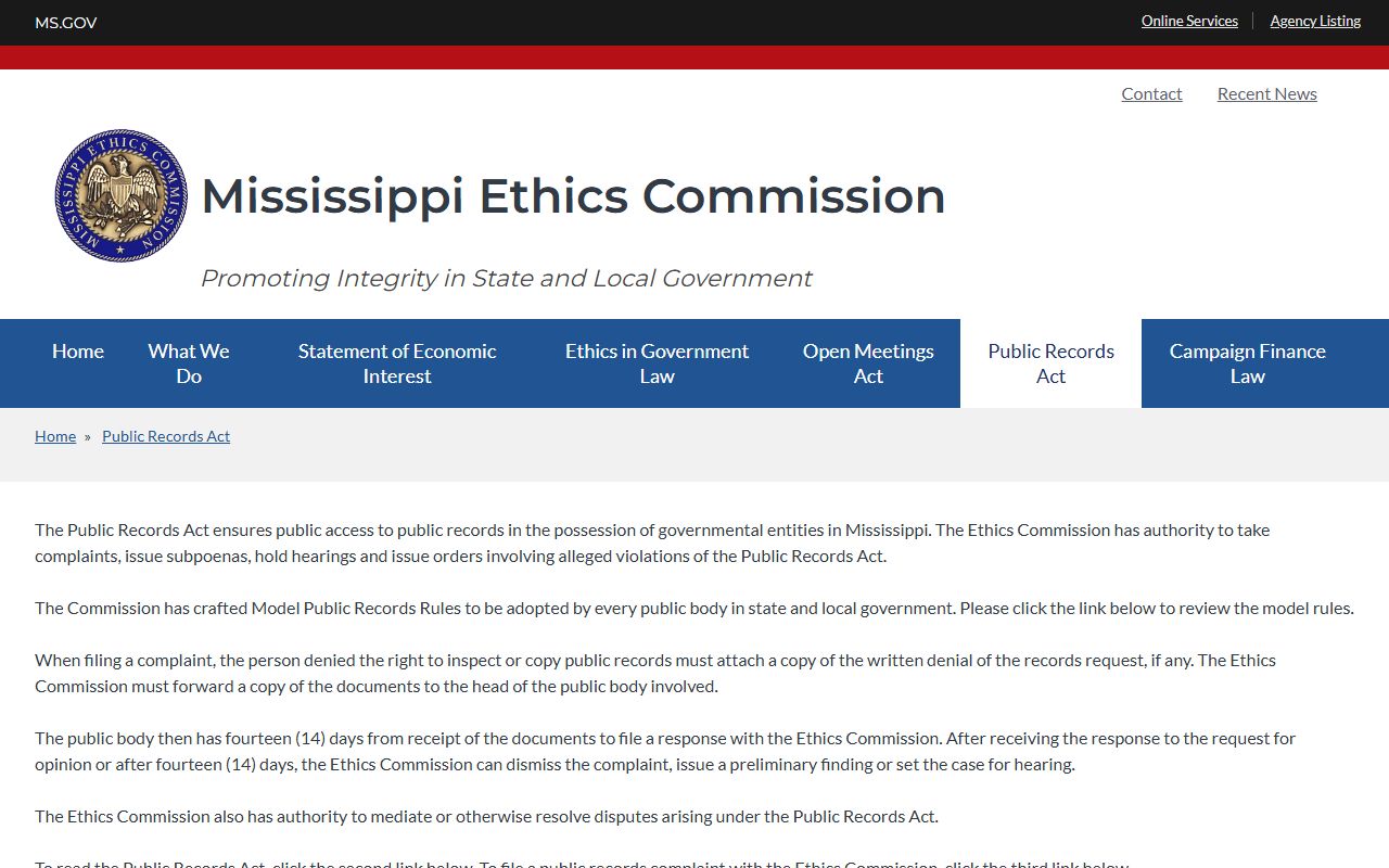 Smith County court records Mississippi Ethics Commission public records resource