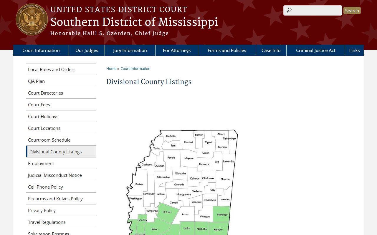 Southern District of Mississippi divisional listings showing the Smith County Circuit Court region in the Northern Division