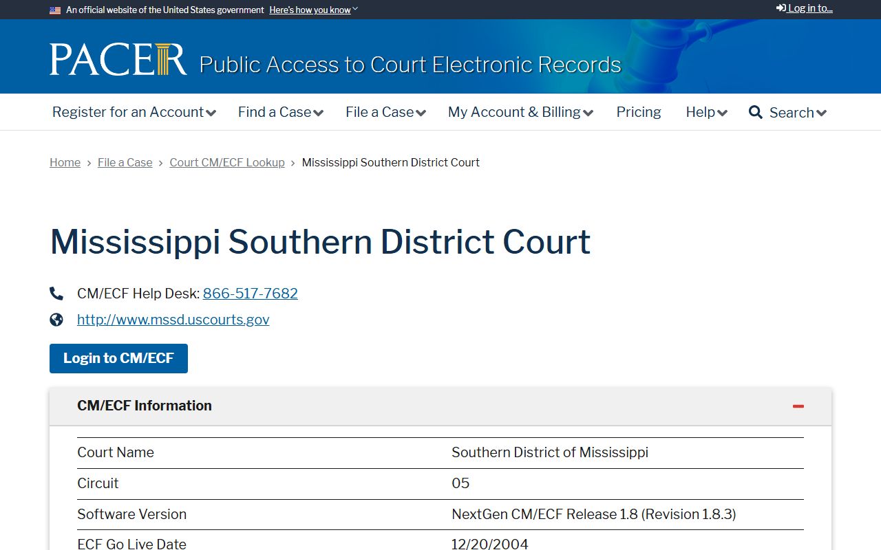 PACER lookup page for federal cases tied to the Smith County Circuit Court region
