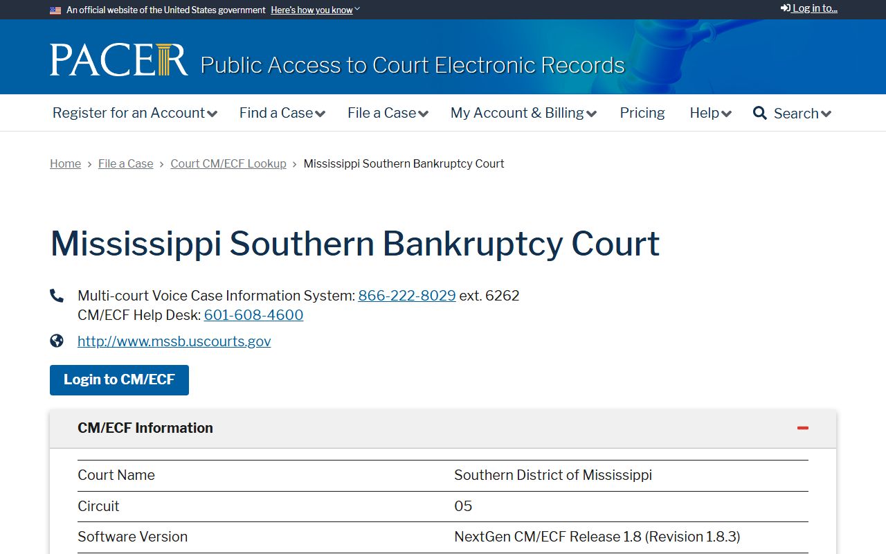 PACER bankruptcy lookup for the federal court serving the Smith County Circuit Court area