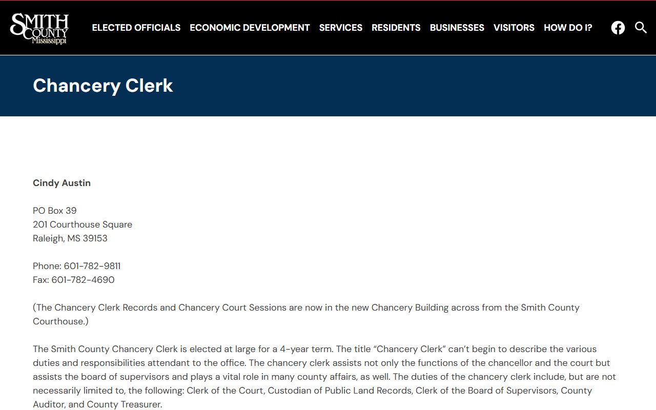Smith County Chancery Clerk page with court record and land record duties