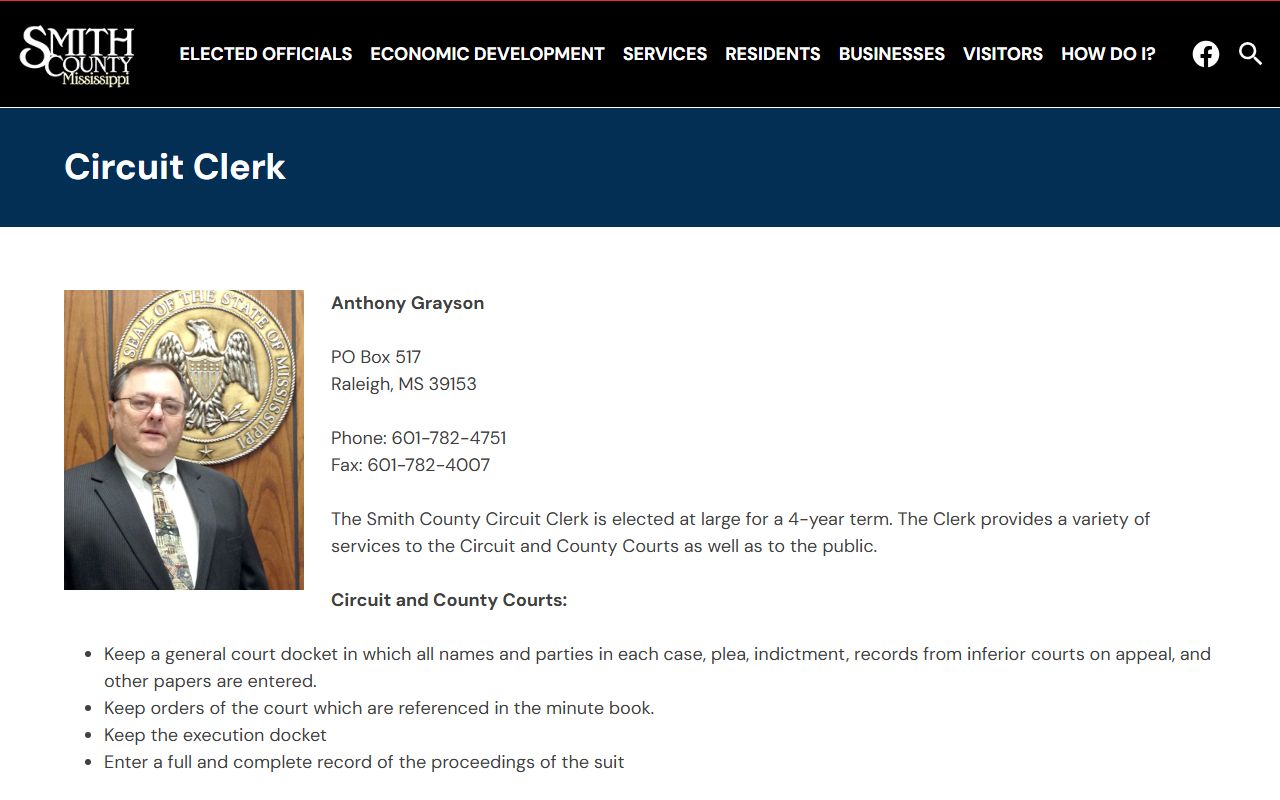 Smith County Circuit Clerk page listing court docket and jury duties