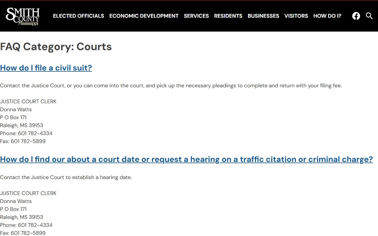 Smith County court FAQ category page for court records questions