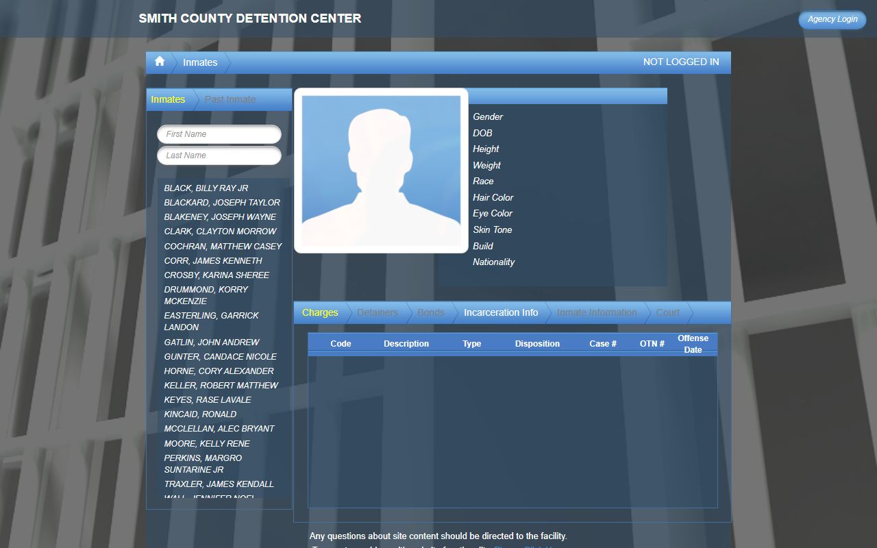Smith County inmate portal on the BlueHorse jail roster site