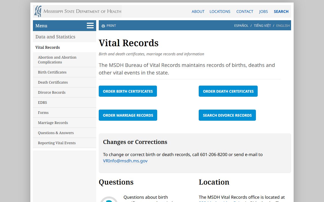 MSDH Vital Records landing page for Smith County marriage copies