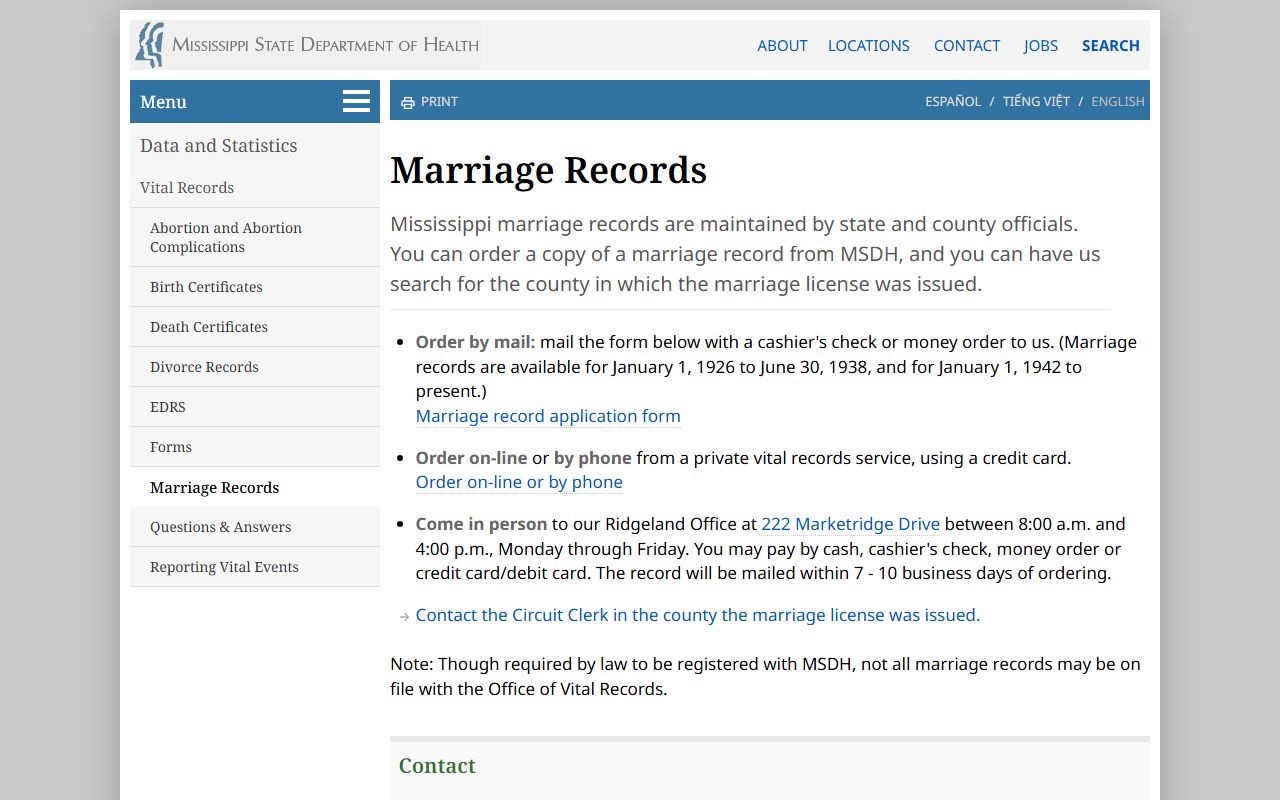 MSDH marriage records page used for Smith County marriage copies
