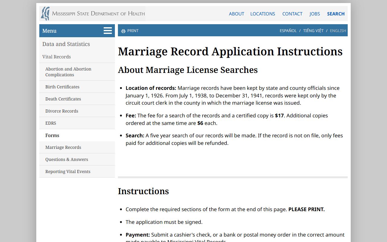 MSDH marriage record application instructions for Smith County marriage copies