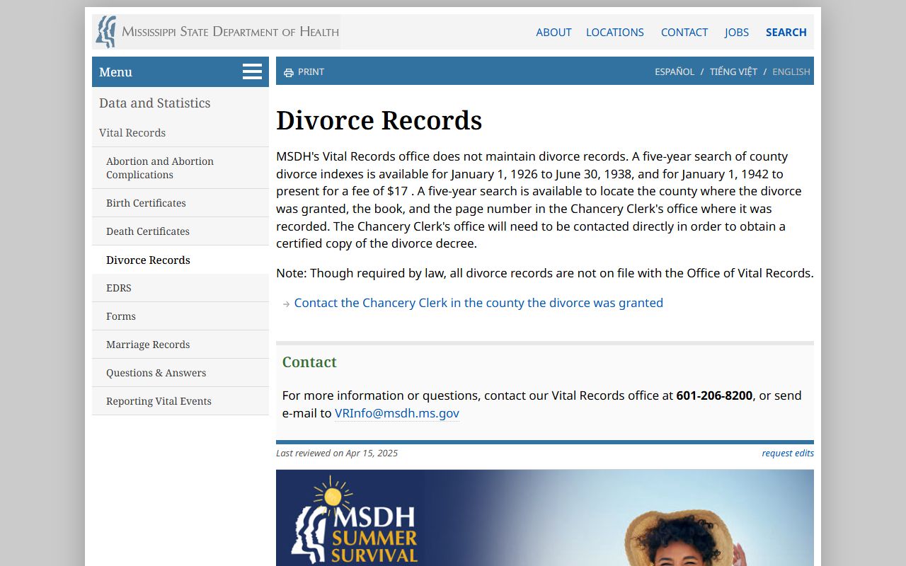 MSDH divorce records page referring Smith County divorce decrees to the Chancery Clerk