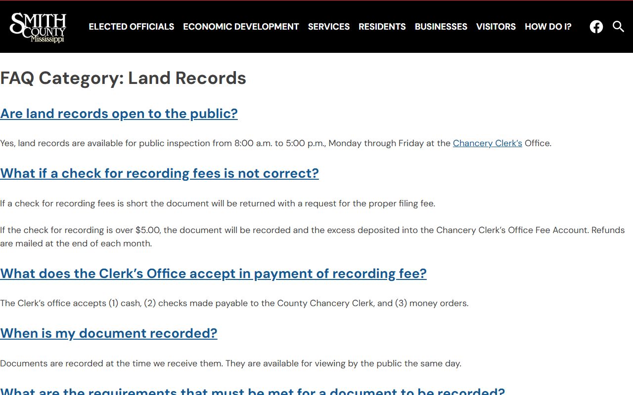 Smith County probate and land records FAQ at the Chancery Clerk office