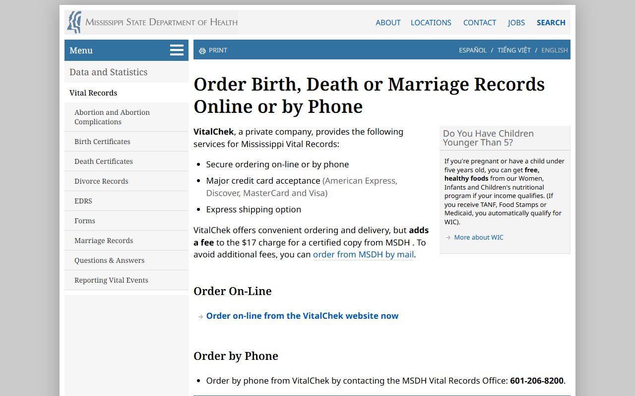 Mississippi MSDH online ordering page next to Smith County probate records