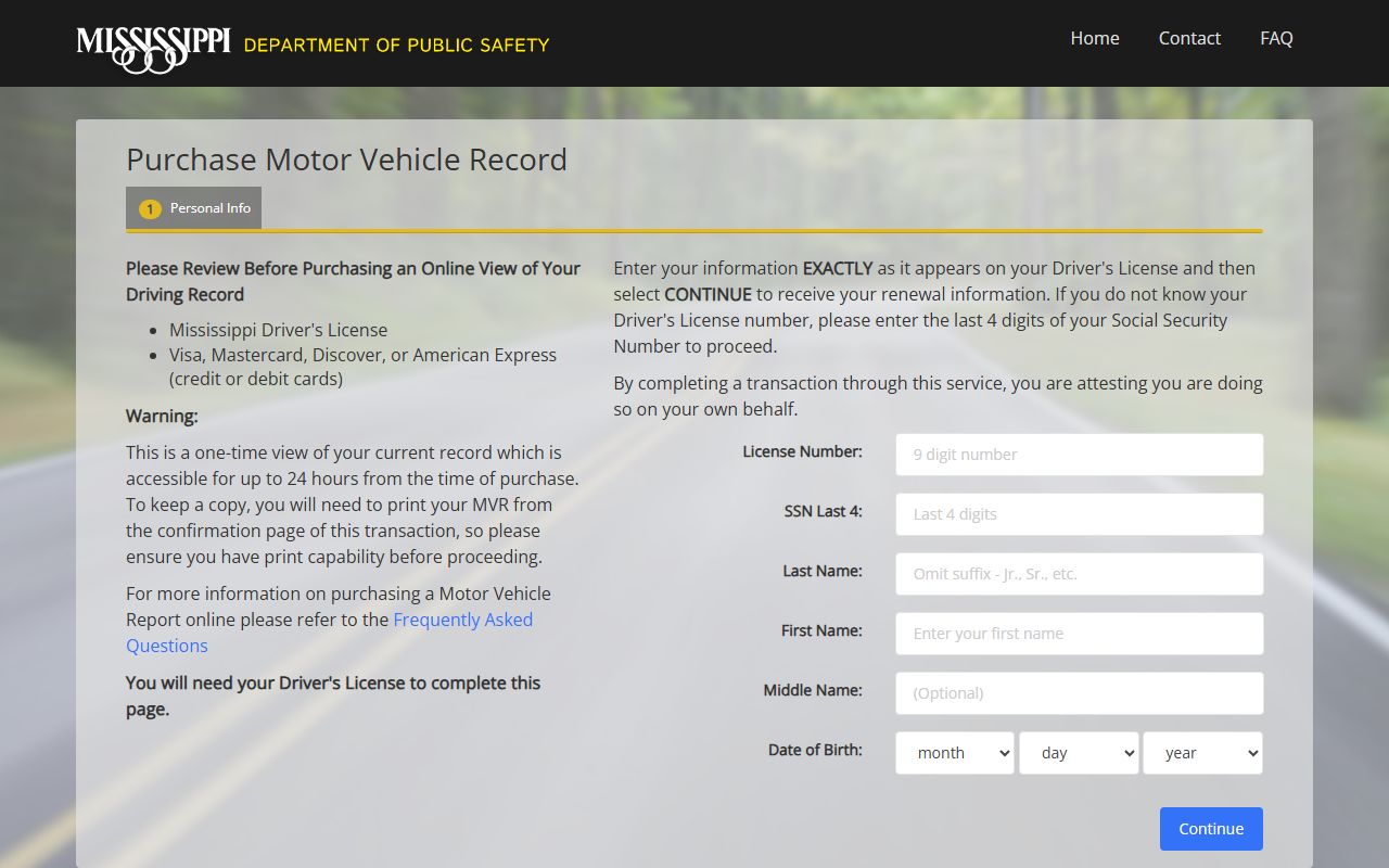 Smith County traffic Mississippi online MVR purchase portal