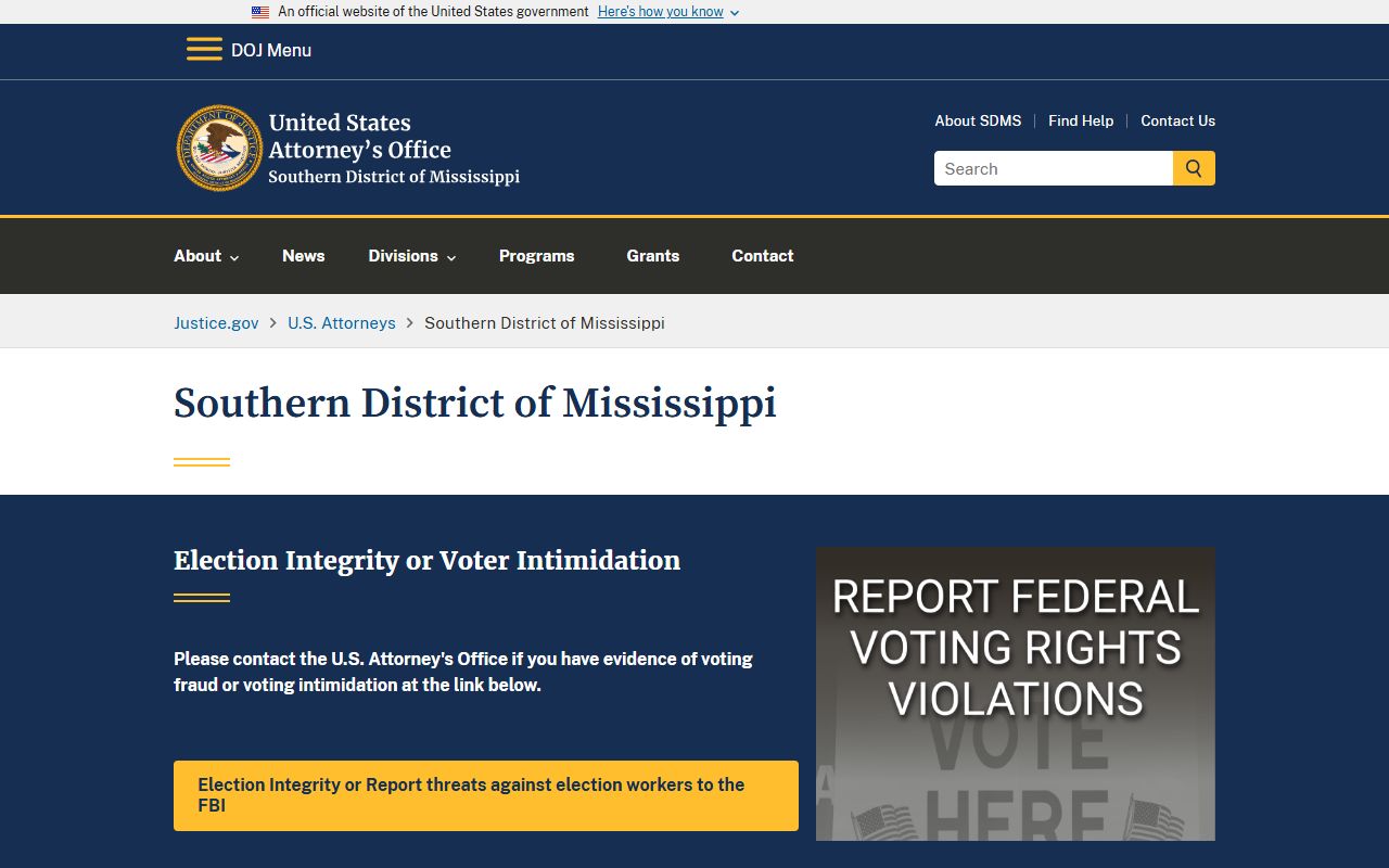 U.S. Attorney Southern District of Mississippi page covering federal Smith County warrant matters